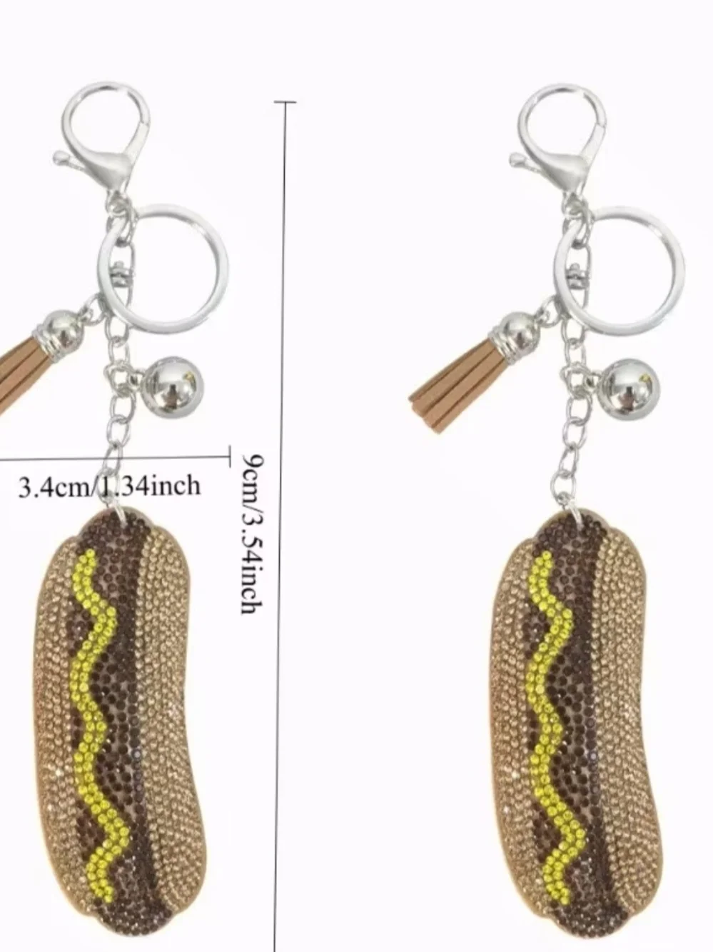 Crystal-Encrusted Hot Dog Keychain - Brown & Yellow